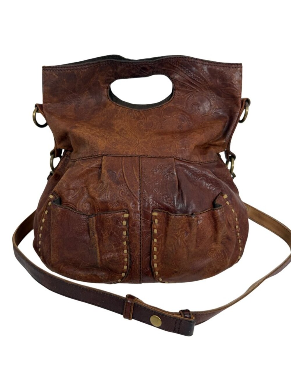 Vintage Lucky Brand Embossed Brown Lamb Leather Slouchy Shoulder Crossbody Bag